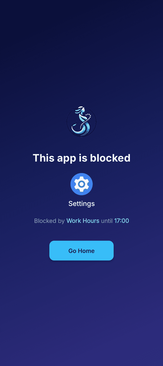 TiedSiren blocked screen showing 'This app is blocked'